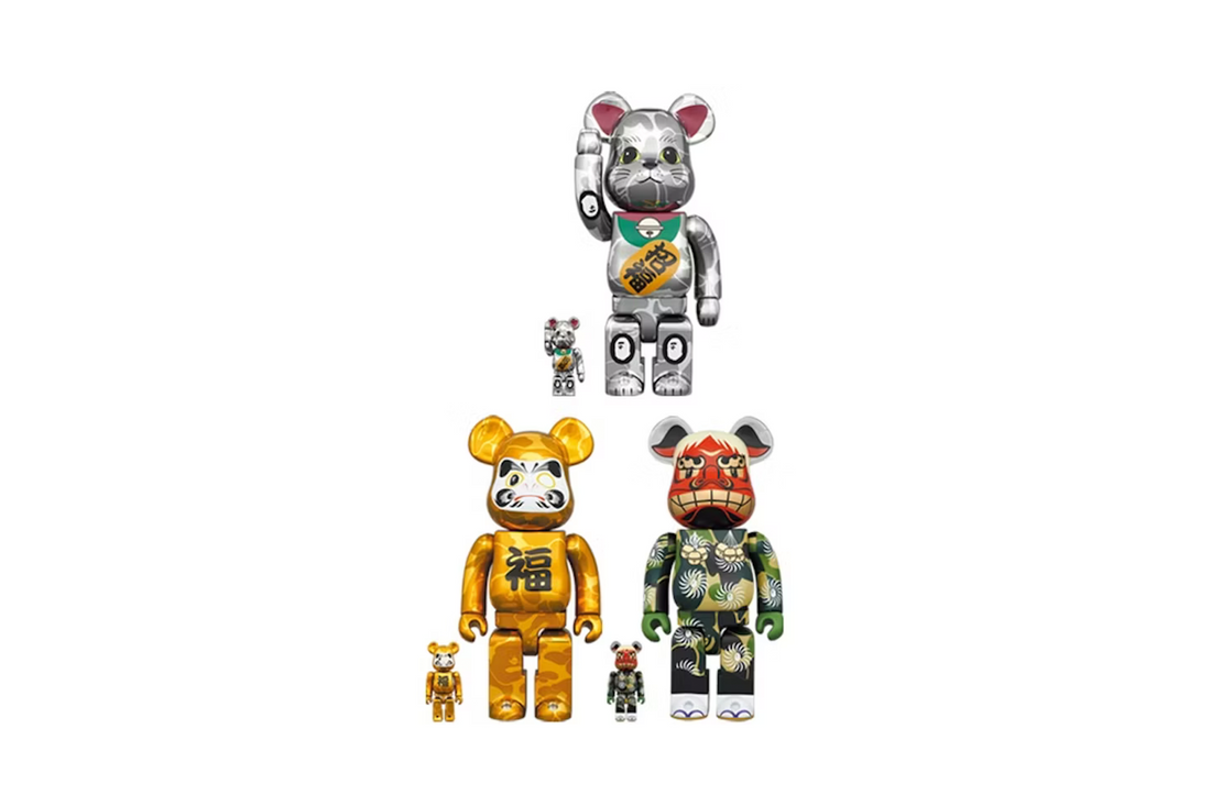 Bearbrick X Bape Lion Dance, Daruma, and Maneki Neko 100 & 400 6Pc Set%